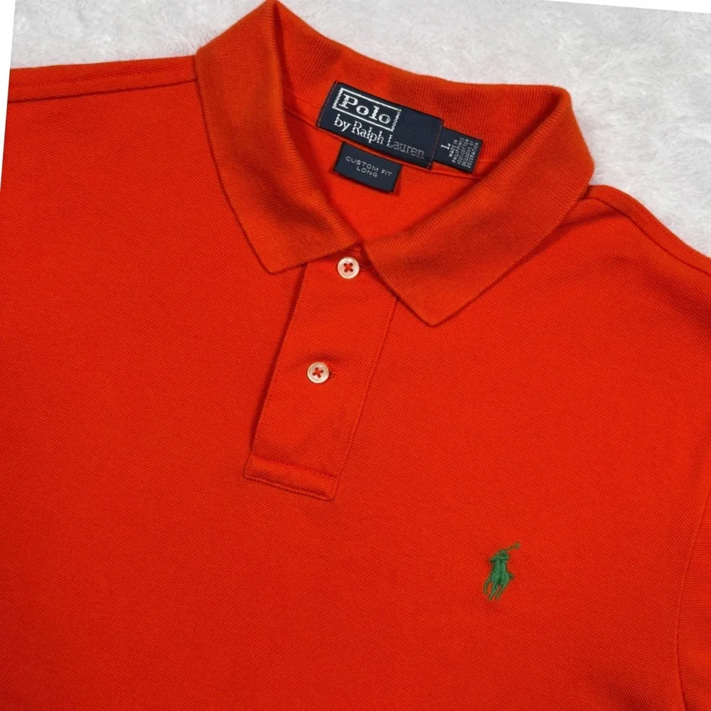 Polo Ralph Lauren Polo Shirt Men L (FIT M) Orange CUSTOM LONG Green Pony Preppy